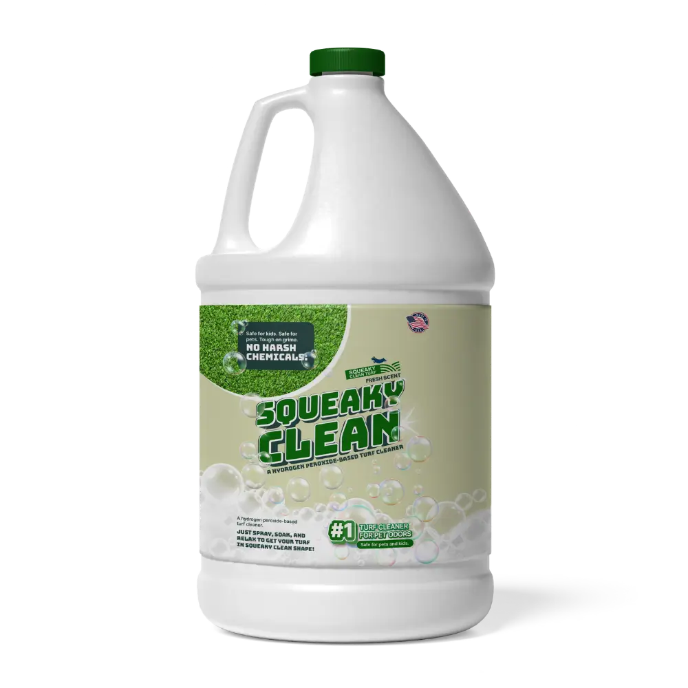 Large 1-gallon container of "Squeaky Clean" turf cleaner with a green cap, promoting no harsh chemicals and safe for pets.