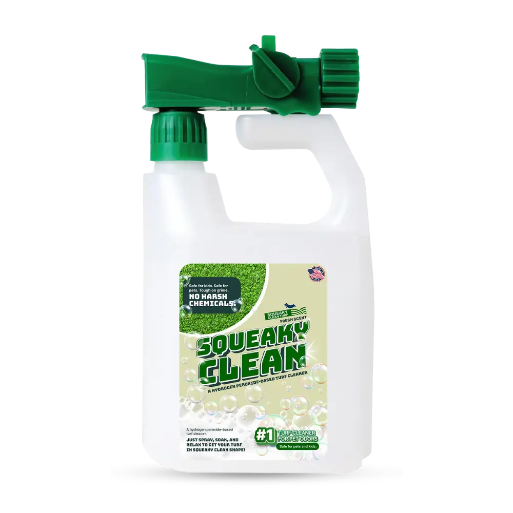 A turf cleaner spray bottle labeled "Squeaky Clean," featuring bold green text and bubbles, with green nozzle and “no harsh chemicals” note.