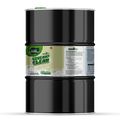 A black barrel labeled "Squeaky Clean" with green accents and text detailing cleaning product information, including usage instructions and safety precautions.