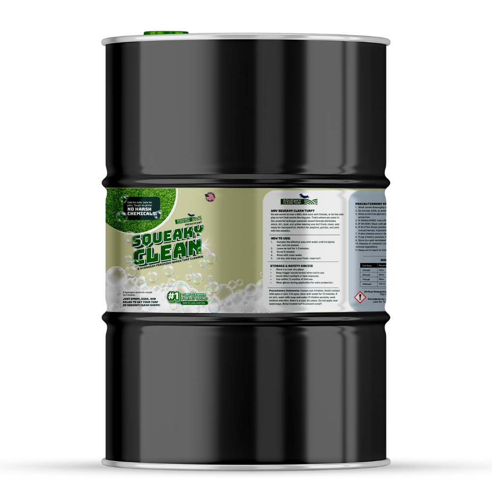 A black barrel labeled "Squeaky Clean" with green accents and text detailing cleaning product information, including usage instructions and safety precautions.