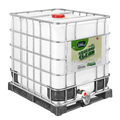 A large, white industrial container labeled "Squeaky Clean" is secured with a metal frame and placed on a black pallet.